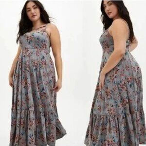Torrid Gray Floral Jersey Tiered Strappy Maxi Dress